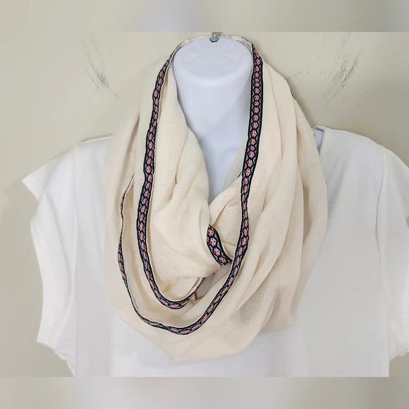 Ivory Infinity Scarf Colorful Ribbon Edging Pink Blue Feminine - Picture 2 of 6